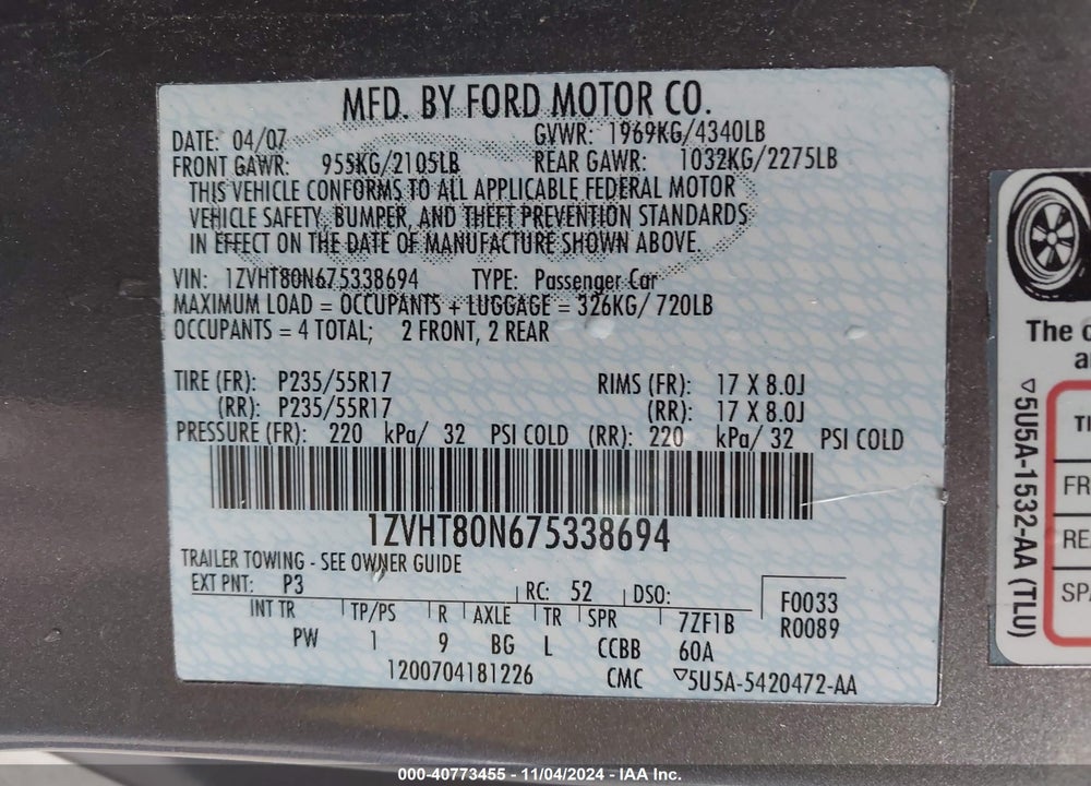 2007 FORD MUSTANG V6 DELUXE/V6 PREMIUM VIN: 1ZVHT80N675338694