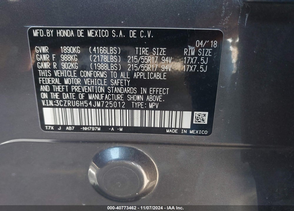2018 HONDA HR-V EX VIN: 3CZRU6H54JM725012