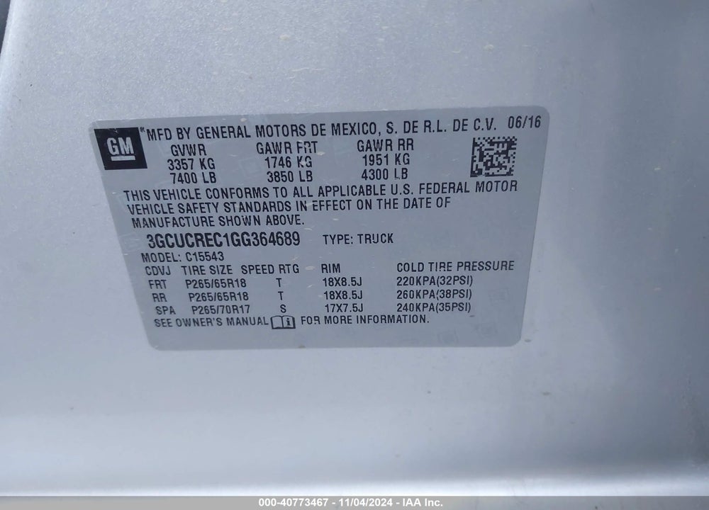 2016 CHEVROLET SILVERADO 1500 1LT VIN: 3GCUCREC1GG364689