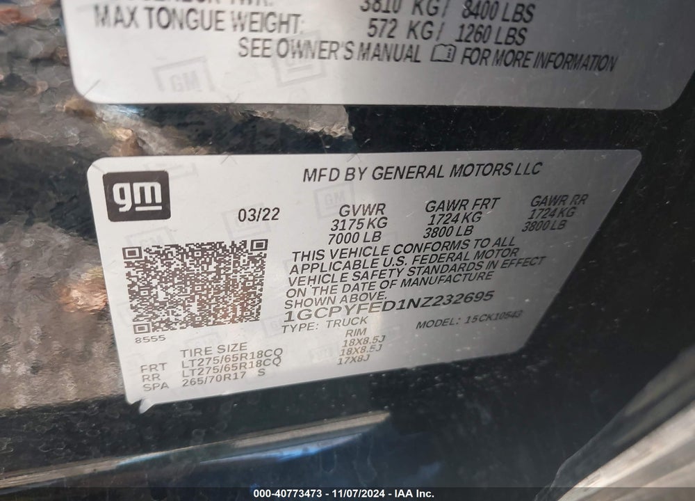 2022 CHEVROLET SILVERADO 1500 LTD 4WD SHORT BED LT TRAIL BOSS VIN: 1GCPYFED1NZ232695