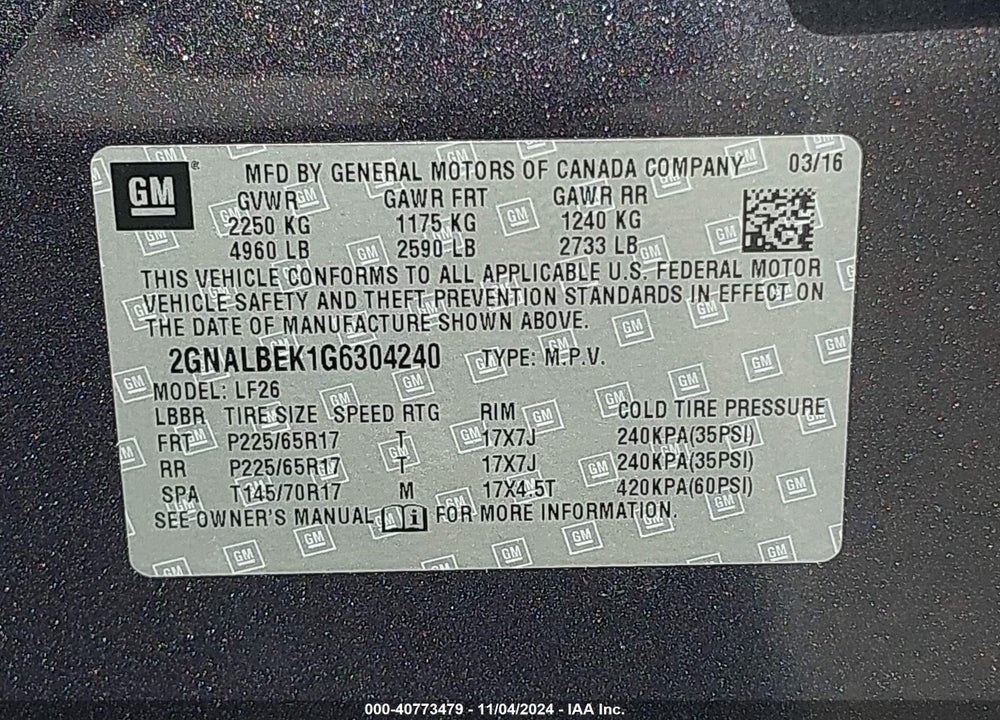 2016 CHEVROLET EQUINOX LS VIN: 2GNALBEK1G6304240