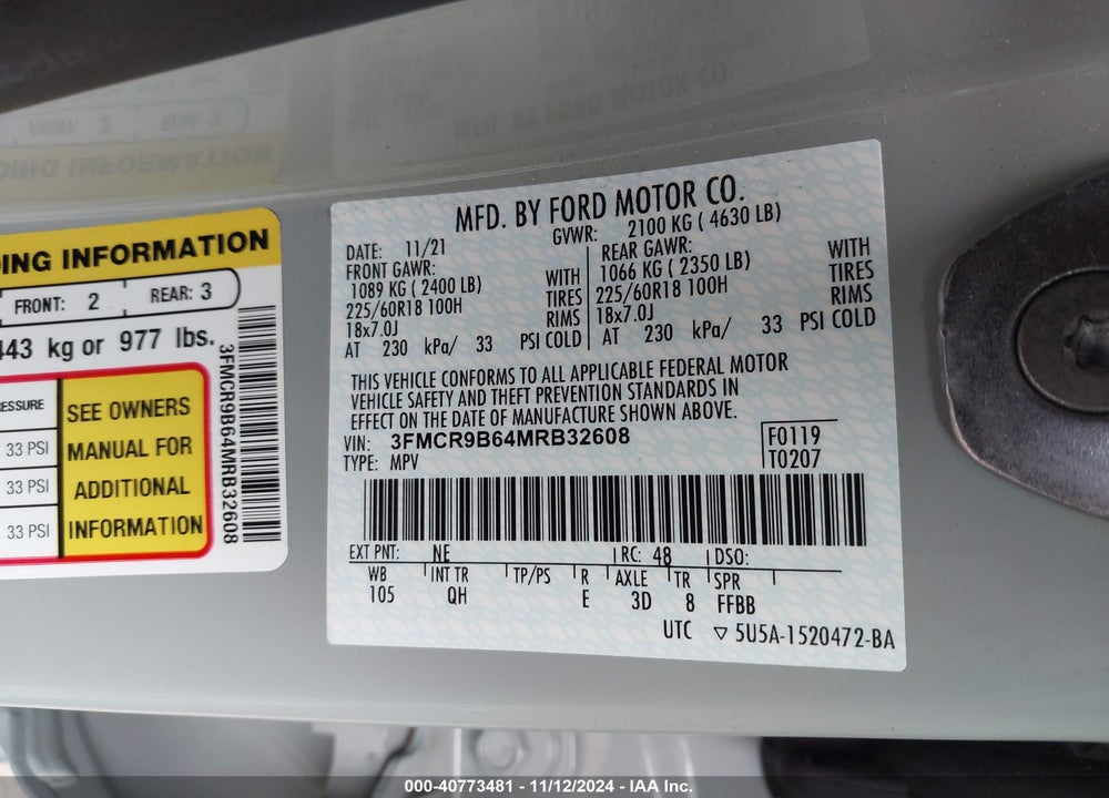 2021 FORD BRONCO SPORT BIG BEND VIN: 3FMCR9B64MRB32608