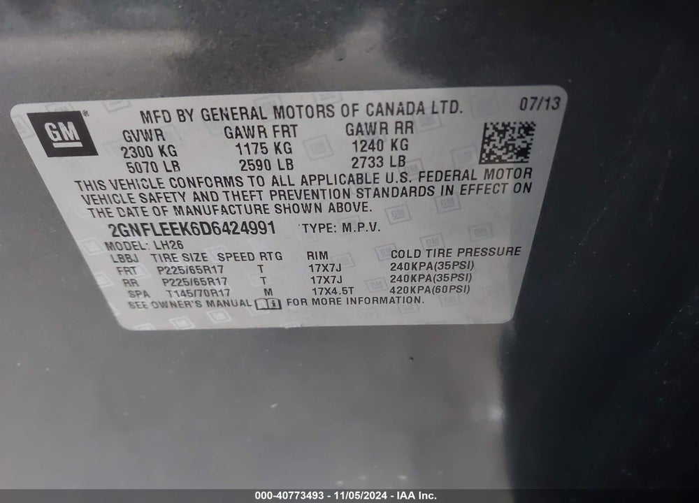 2013 CHEVROLET EQUINOX 1LT VIN: 2GNFLEEK6D6424991