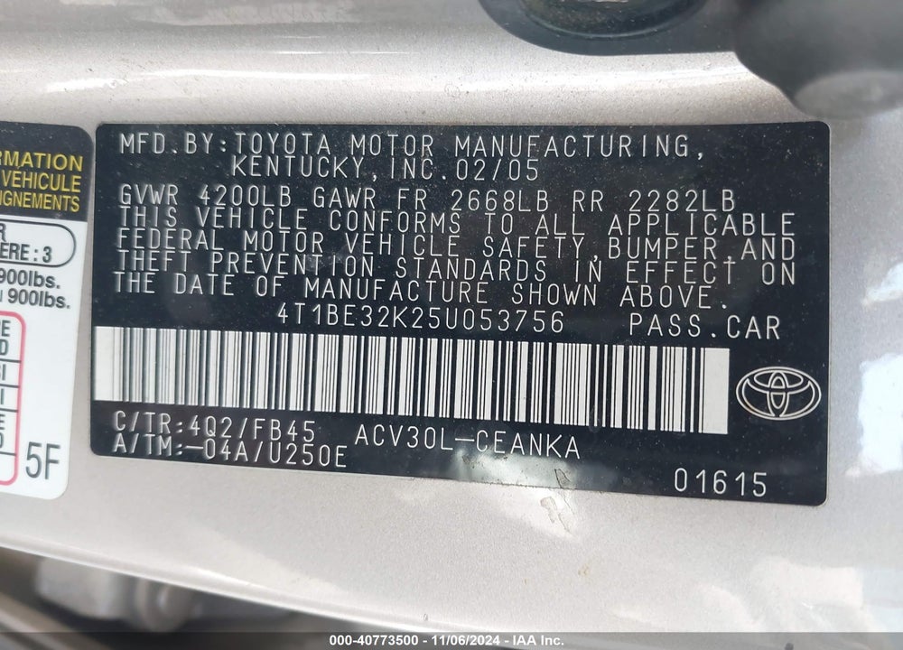 2005 TOYOTA CAMRY LE VIN: 4T1BE32K25U053756