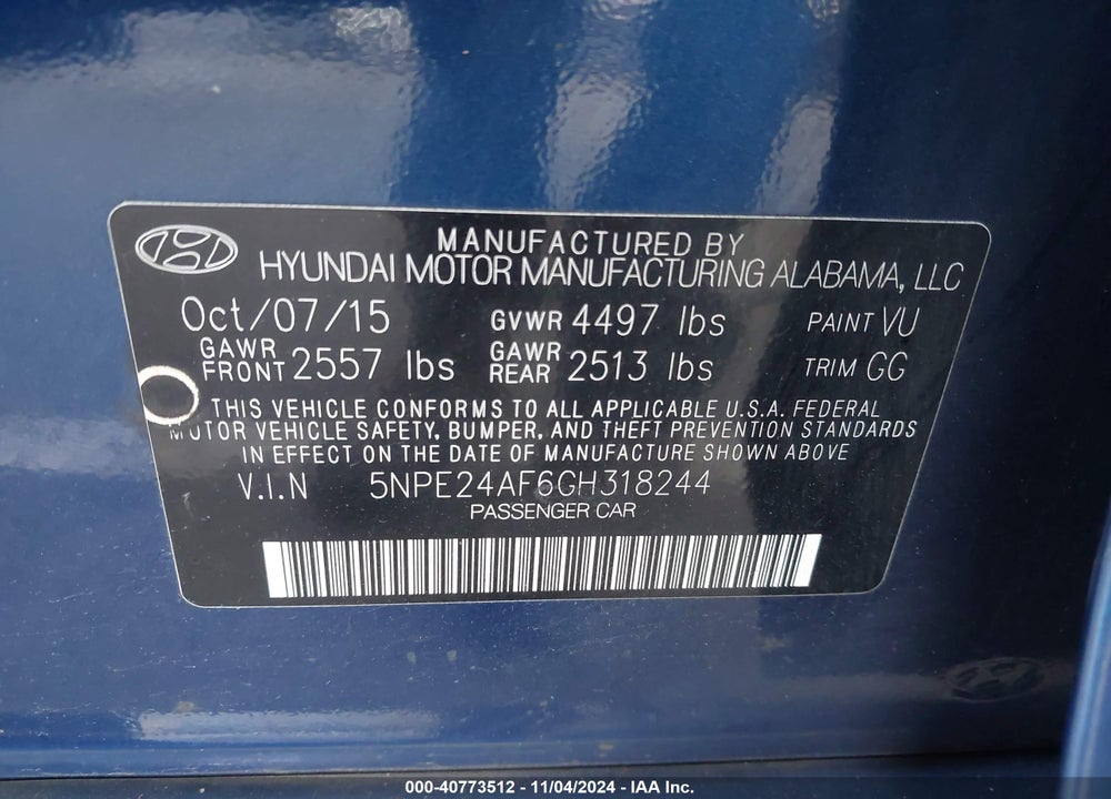 2016 HYUNDAI SONATA SE VIN: 5NPE24AF6GH318244
