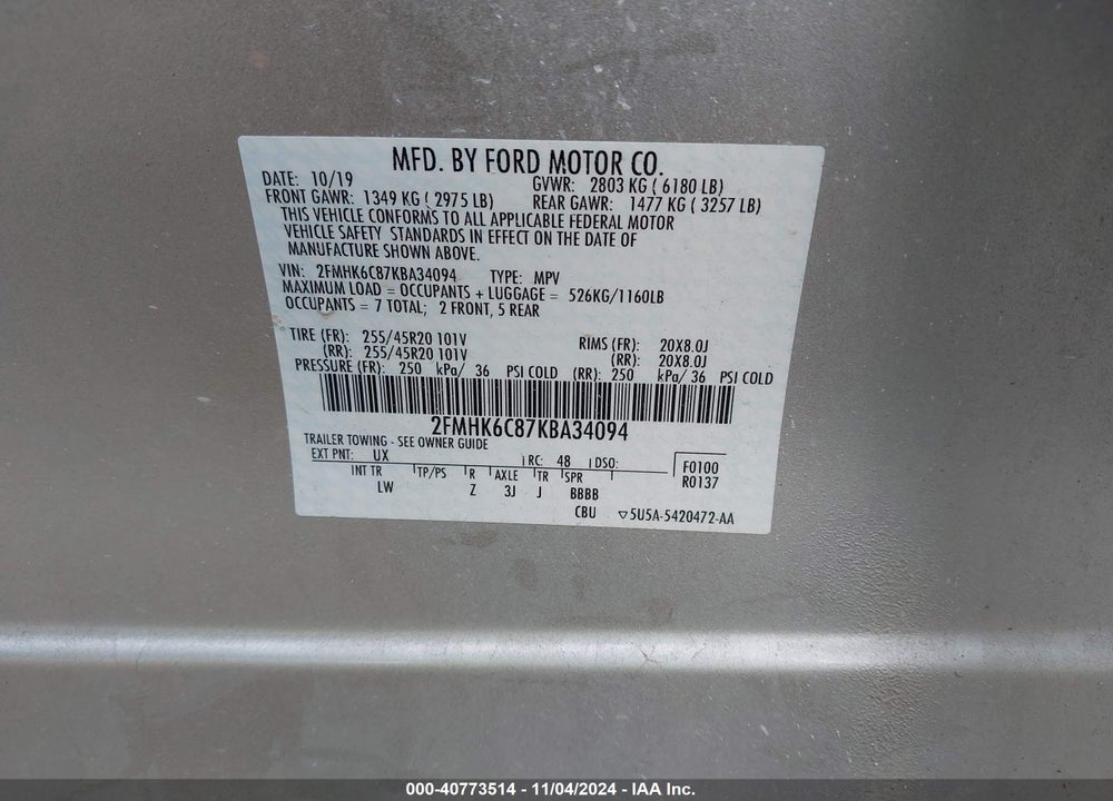 2019 FORD FLEX SEL VIN: 2FMHK6C87KBA34094