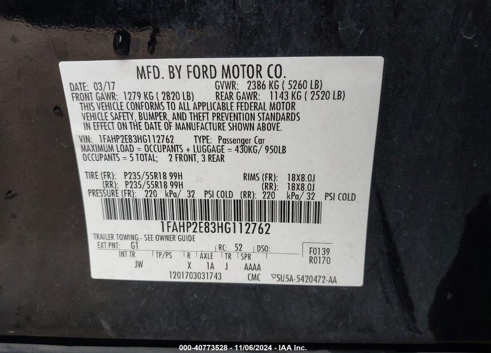 2017 FORD TAURUS VIN: 1FAHP2E83HG112762