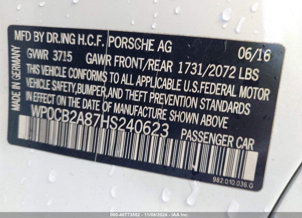 2017 PORSCHE 718 BOXSTER S VIN: WP0CB2A87HS240623
