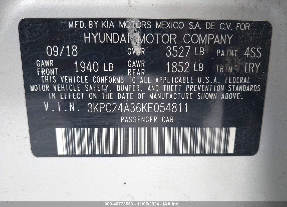 2019 HYUNDAI ACCENT SE VIN: 3KPC24A36KE054811