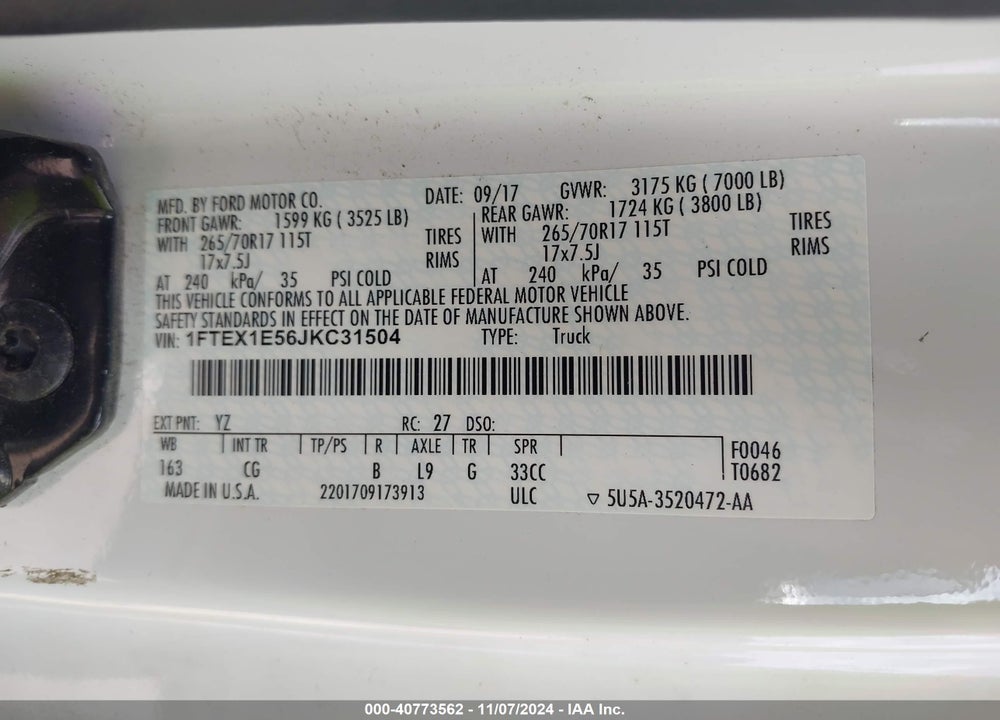 2018 FORD F-150 XL VIN: 1FTEX1E56JKC31504