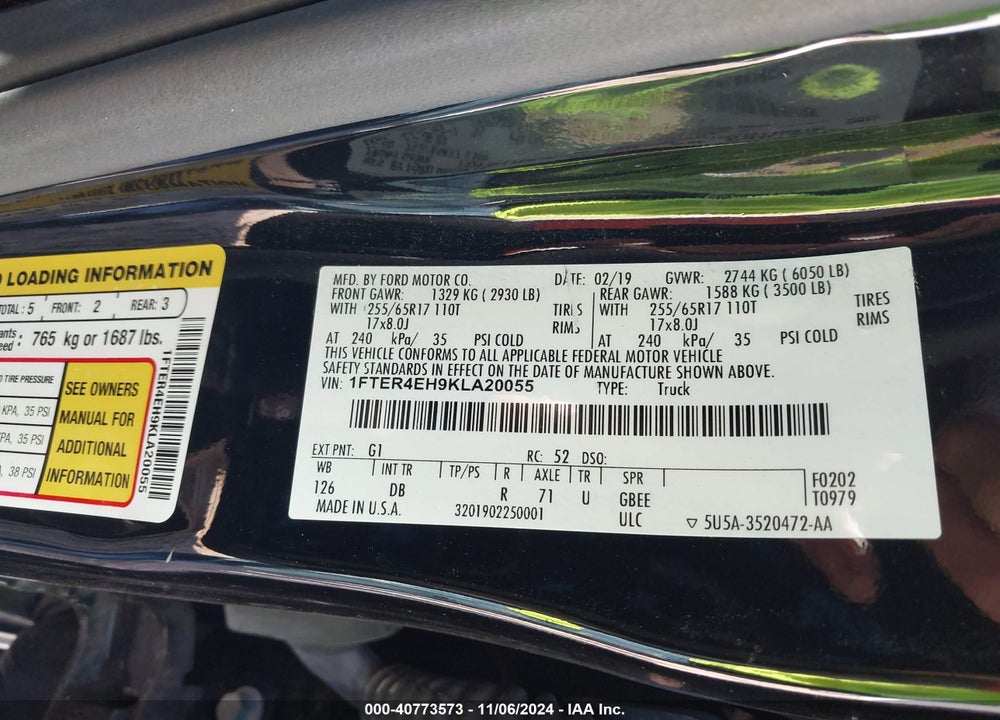 2019 FORD RANGER LARIAT VIN: 1FTER4EH9KLA20055