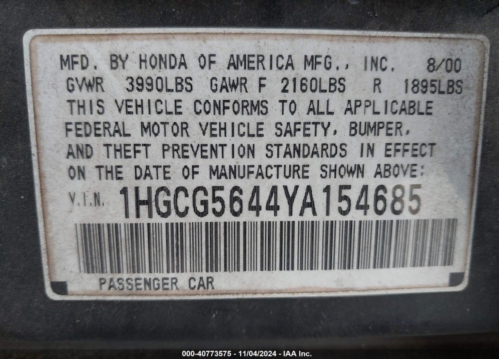 2000 HONDA ACCORD 2.3 LX VIN: 1HGCG5644YA154685