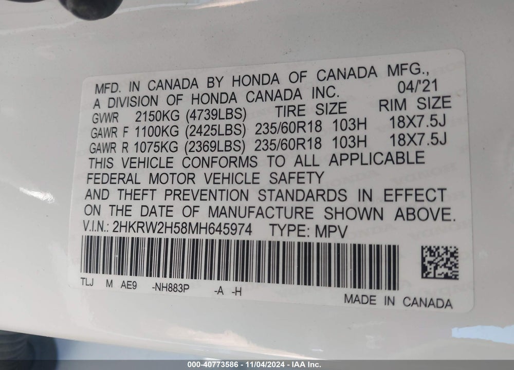 2021 HONDA CR-V VIN: 2HKRW2H58MH645974