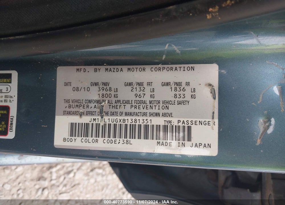 2011 MAZDA 3 I SPORT VIN: JM1BL1UGXB1381351