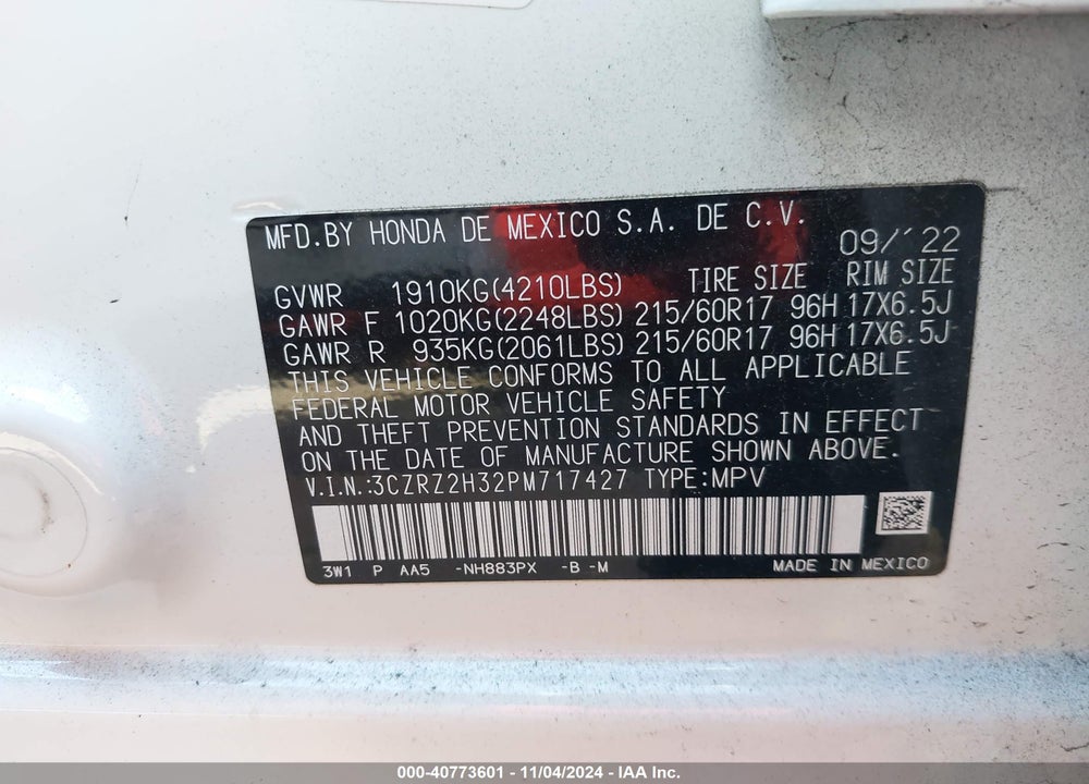 2023 HONDA HR-V AWD LX VIN: 3CZRZ2H32PM717427