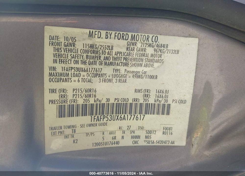 2006 FORD TAURUS SE VIN: 1FAFP53UX6A177617