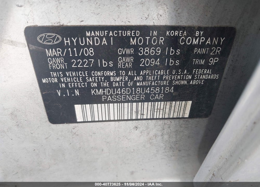 2008 HYUNDAI ELANTRA GLS/SE VIN: KMHDU46D18U458184