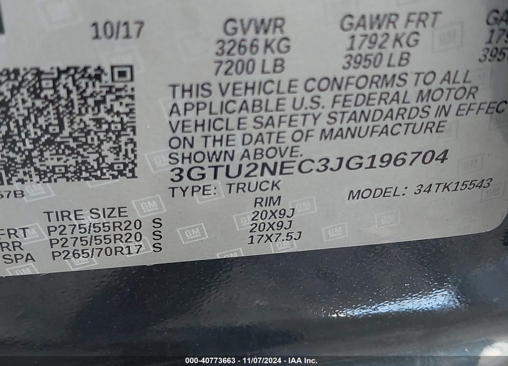 2018 GMC SIERRA 1500 VIN: 3GTU2NEC3JG196704
