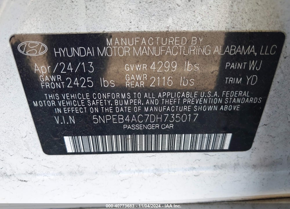 2013 HYUNDAI SONATA GLS VIN: 5NPEB4AC7DH735017