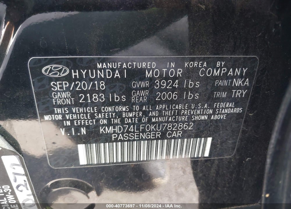 2019 HYUNDAI ELANTRA SE VIN: KMHD74LF0KU782862