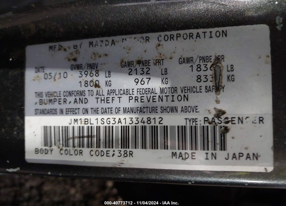 2010 MAZDA 3 I TOURING VIN: JM1BL1SG3A1334812