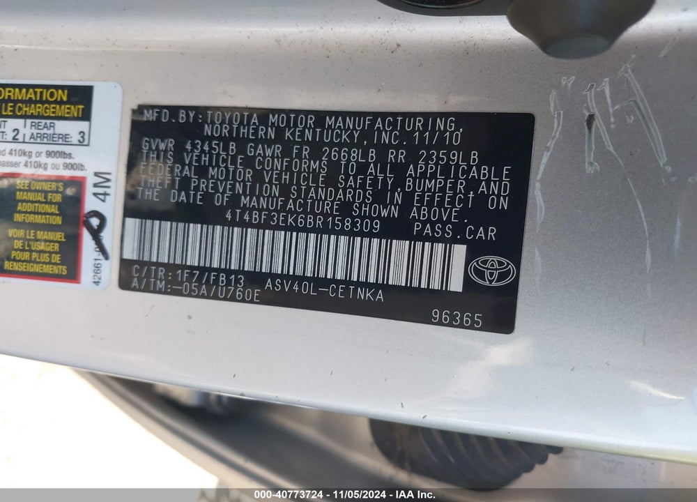 2011 TOYOTA CAMRY LE VIN: 4T4BF3EK6BR158309