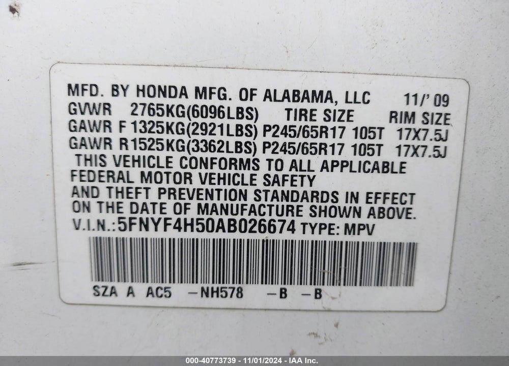 2010 HONDA PILOT EX-L VIN: 5FNYF4H50AB026674