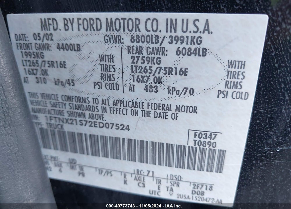 2002 FORD F-250 LARIAT/XL/XLT VIN: 1FTNX21S72ED07524