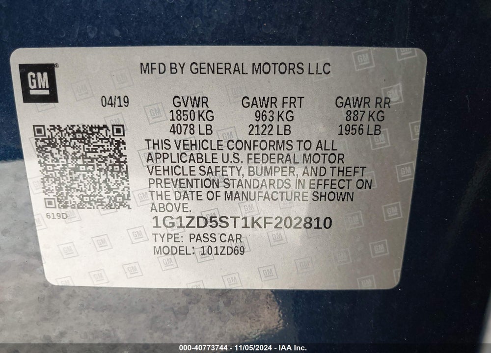 2019 CHEVROLET MALIBU LT VIN: 1G1ZD5ST1KF202810