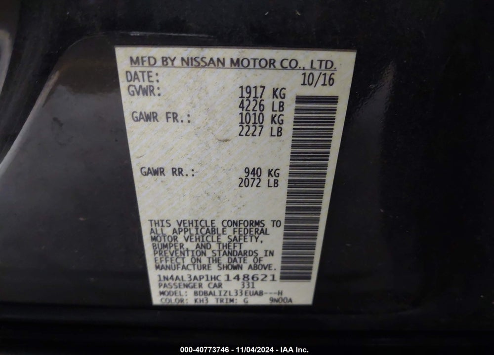 2017 NISSAN ALTIMA 2.5 SV VIN: 1N4AL3AP1HC148621