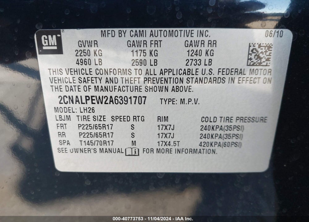 2010 CHEVROLET EQUINOX LT VIN: 2CNALPEW2A6391707