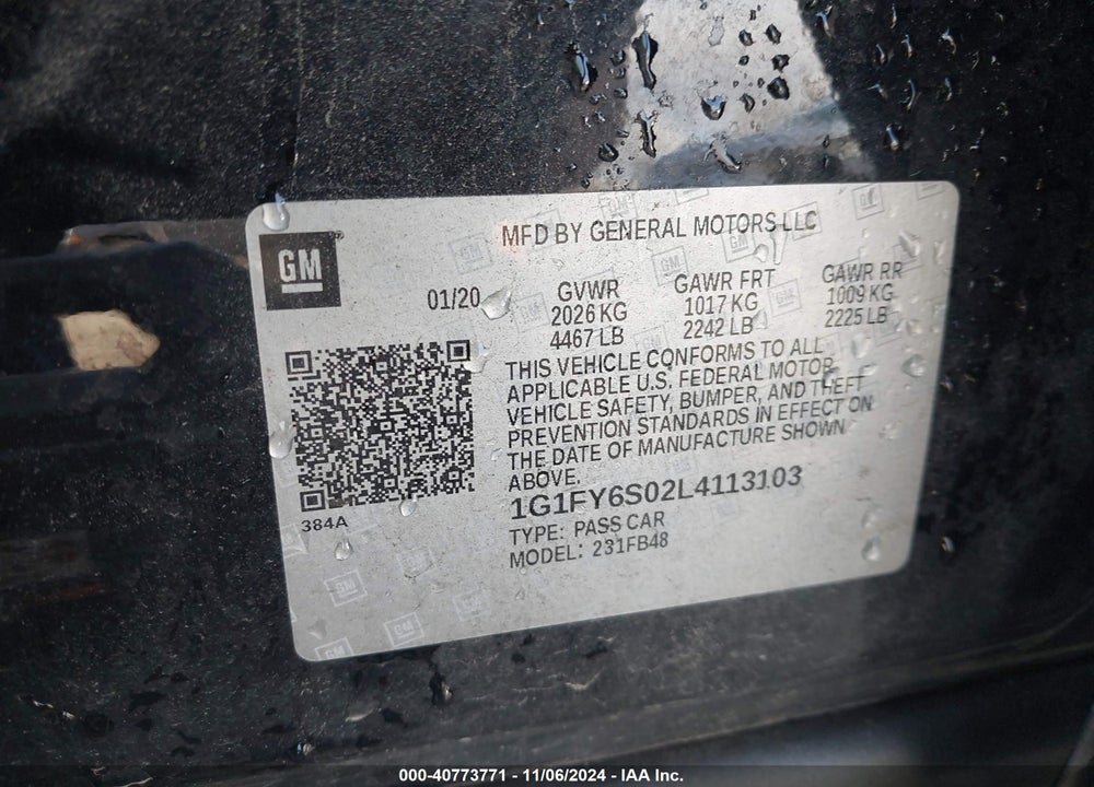 2020 CHEVROLET BOLT EV FWD LT VIN: 1G1FY6S02L4113103