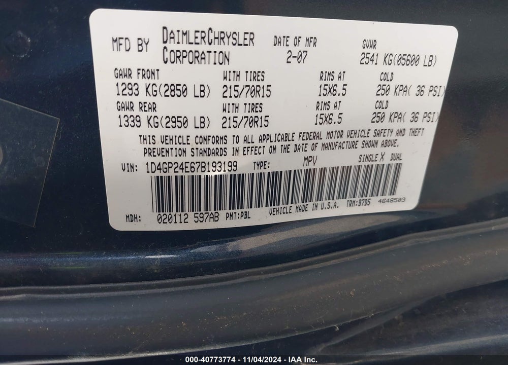 2007 DODGE GRAND CARAVAN SE VIN: 1D4GP24E67B193199