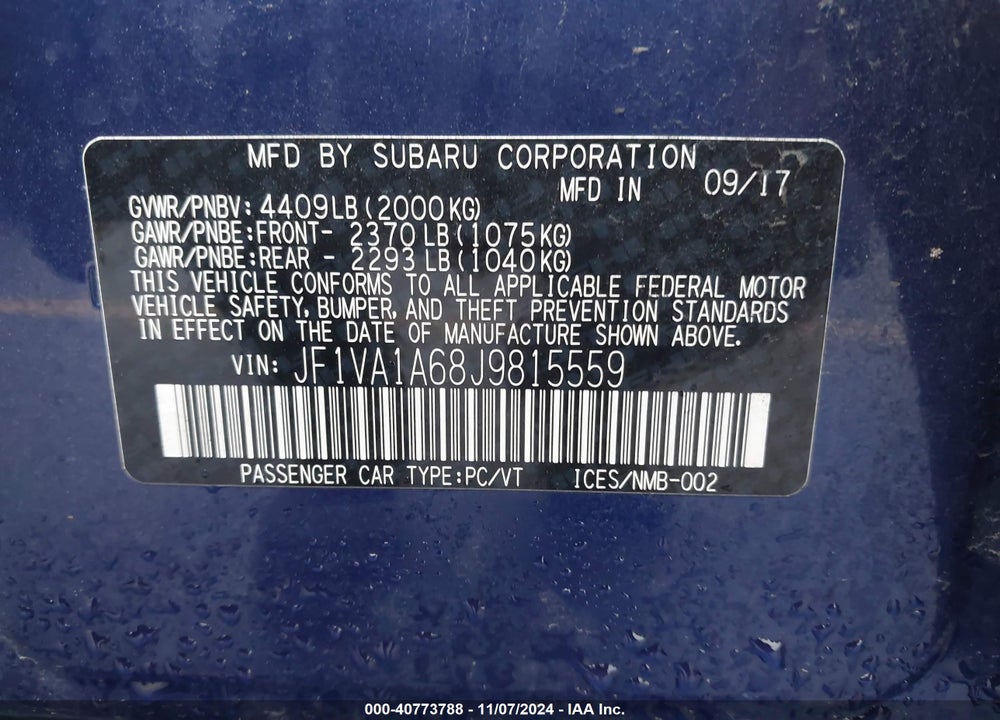 2018 SUBARU WRX VIN: JF1VA1A68J9815559