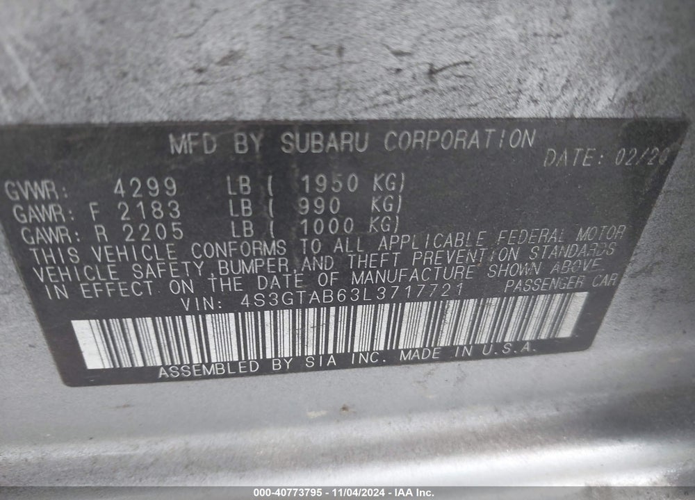 2020 SUBARU IMPREZA 5-DOOR VIN: 4S3GTAB63L3717721
