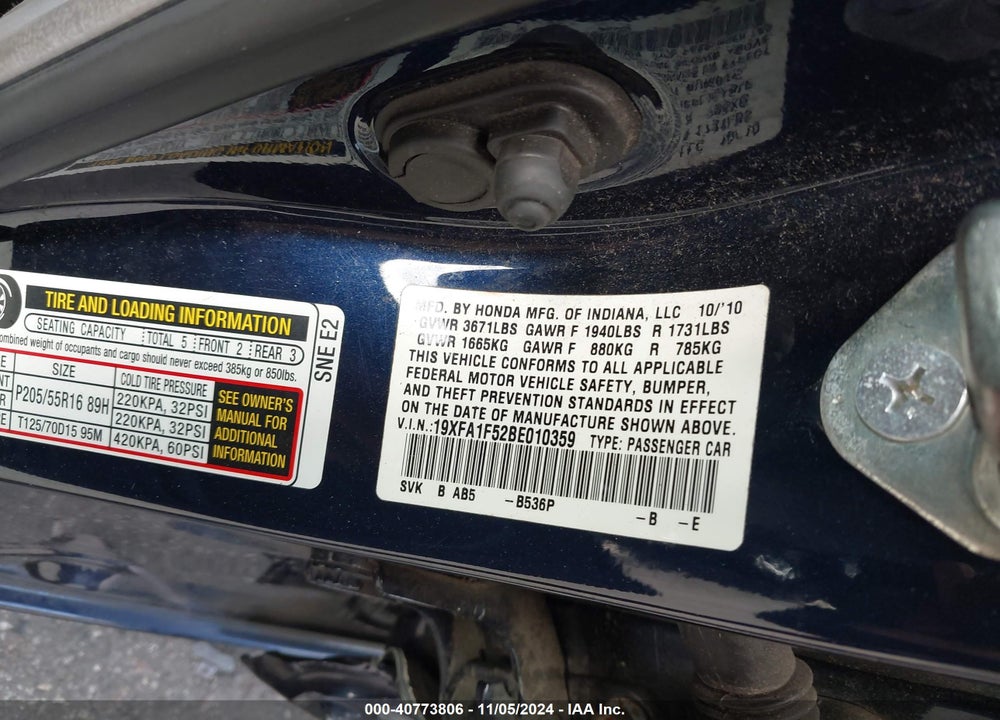 2011 HONDA CIVIC LX VIN: 19XFA1F52BE010359