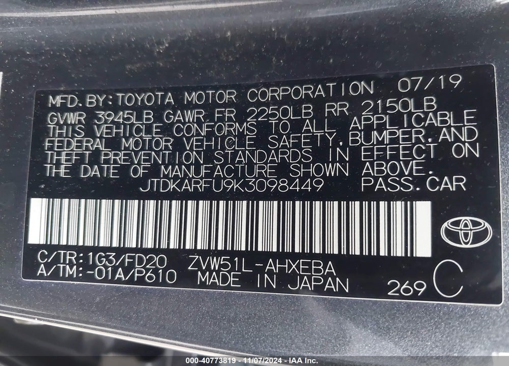 2019 TOYOTA PRIUS LE VIN: JTDKARFU9K3098449