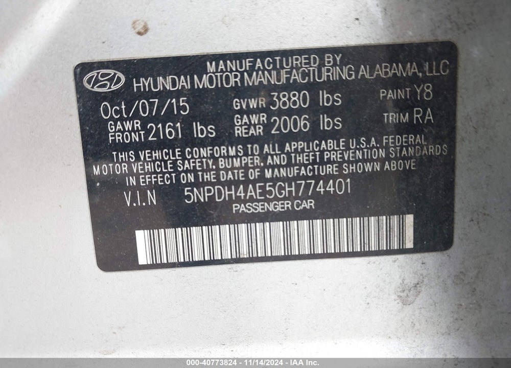 2016 HYUNDAI ELANTRA SE VIN: 5NPDH4AE5GH774401