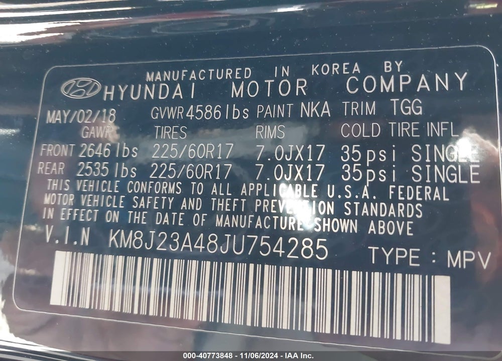 2018 HYUNDAI TUCSON SE VIN: KM8J23A48JU754285