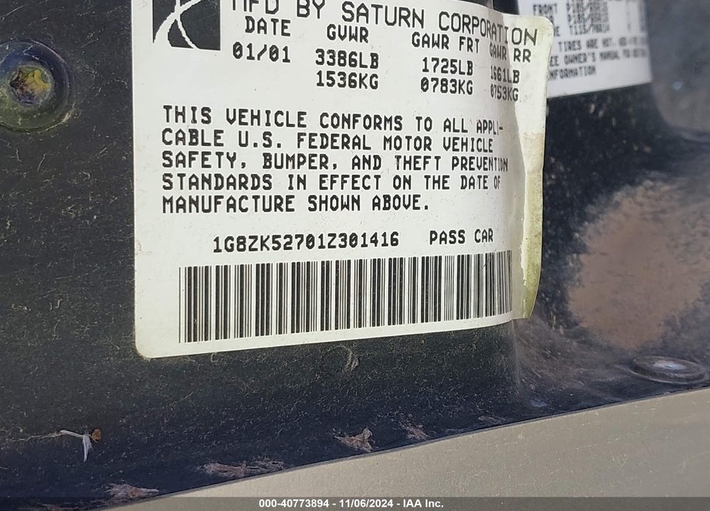 2001 SATURN SL2 VIN: 1G8ZK52701Z301416