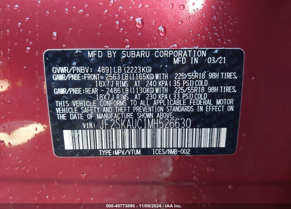2021 SUBARU FORESTER LIMITED VIN: JF2SKAUC1MH526630