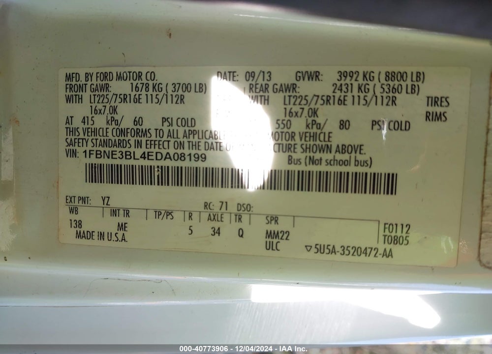 2014 FORD E-350 SUPER DUTY XLT VIN: 1FBNE3BL4EDA08199