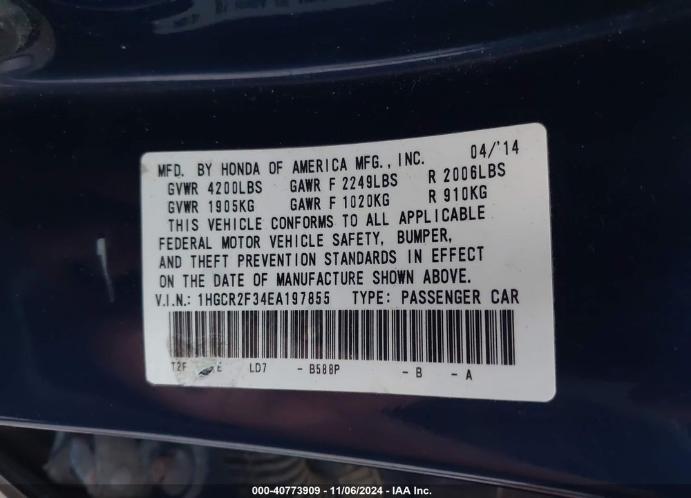 2014 HONDA ACCORD LX VIN: 1HGCR2F34EA197855