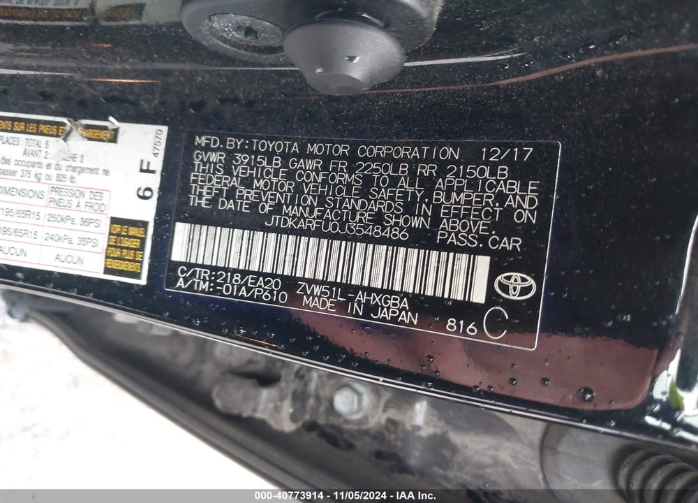 2018 TOYOTA PRIUS VIN: JTDKARFU0J3548486
