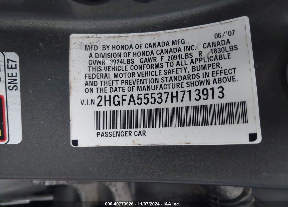 2007 HONDA CIVIC SI VIN: 2HGFA55537H713913