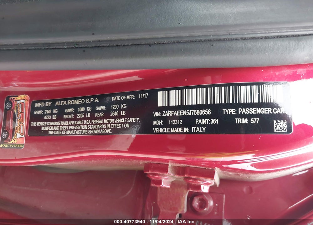 2018 ALFA ROMEO GIULIA VIN: ZARFAEEN5J7580658