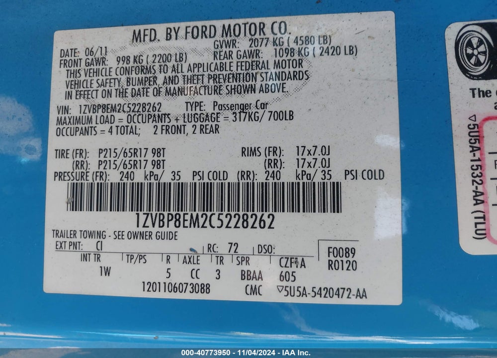 2012 FORD MUSTANG V6 VIN: 1ZVBP8EM2C5228262