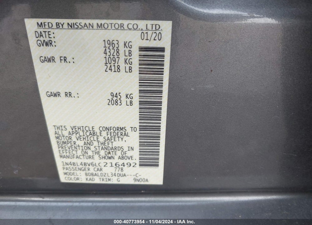 2020 NISSAN ALTIMA S FWD VIN: 1N4BL4BV6LC216492
