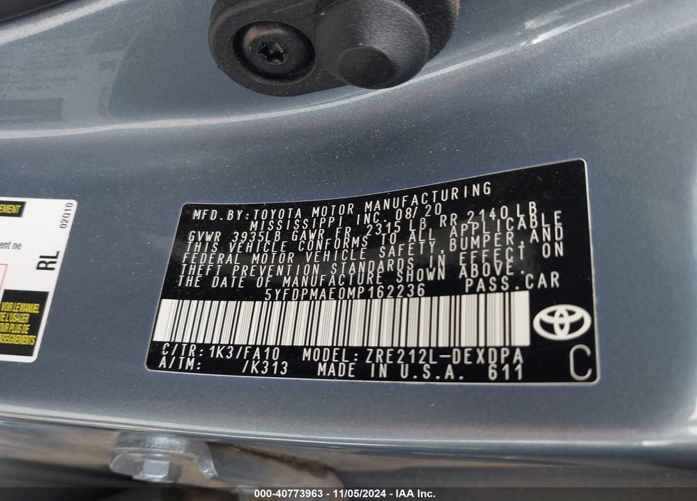2021 TOYOTA COROLLA L VIN: 5YFDPMAE0MP162236