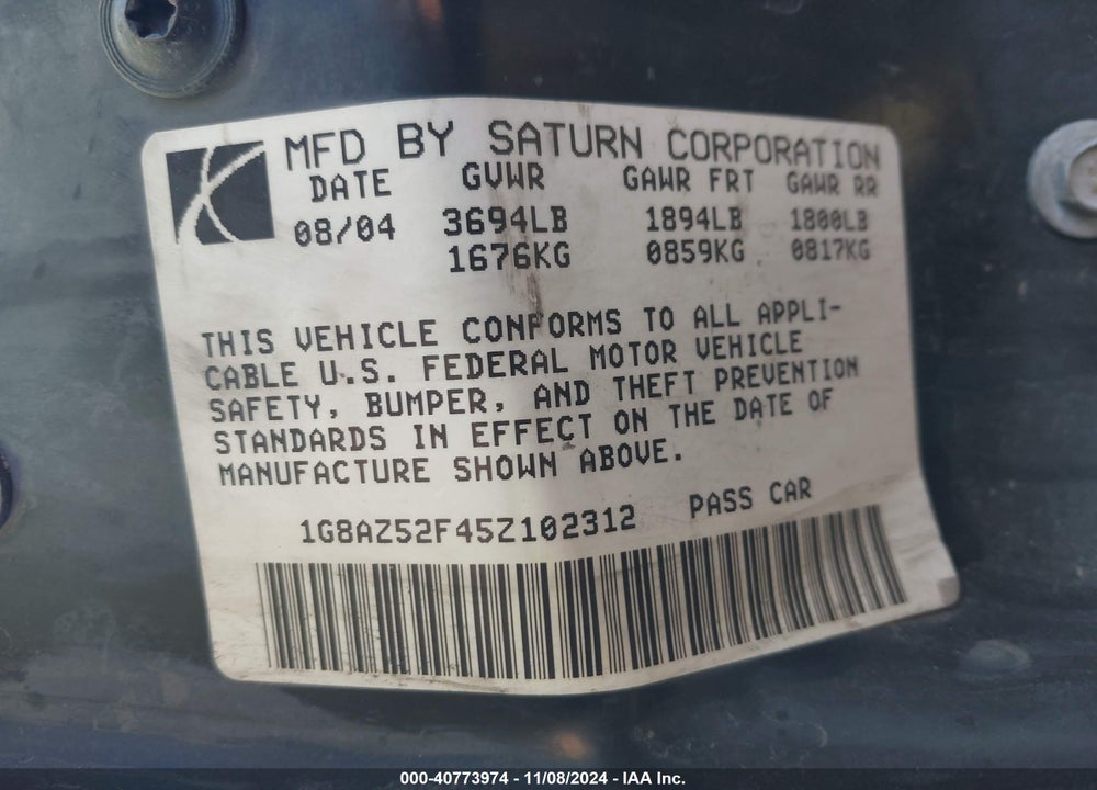 2005 SATURN ION 2 VIN: 1G8AZ52F45Z102312